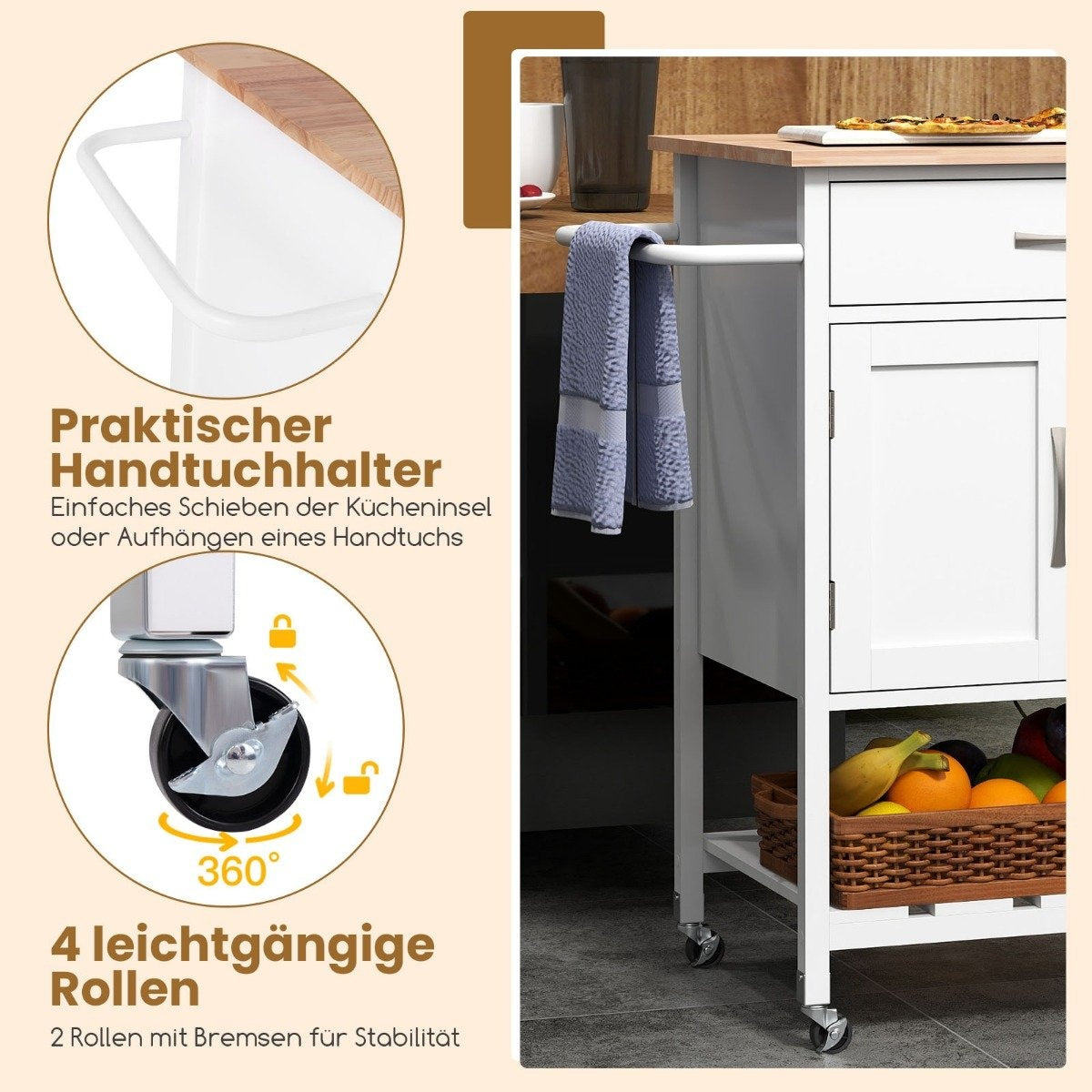 Kitchen trolley with worktop, serving trolley with wheels, trolley with drawer, white
