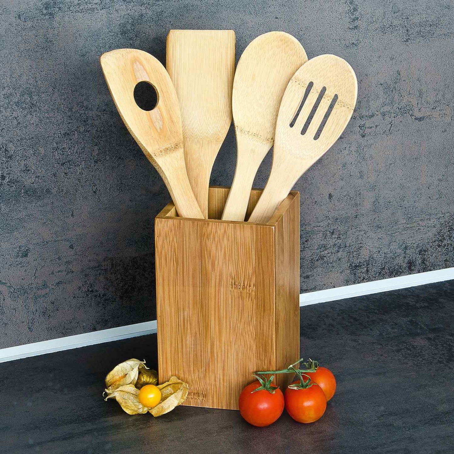 Kitchen utensil bamboo 5 parts with holder