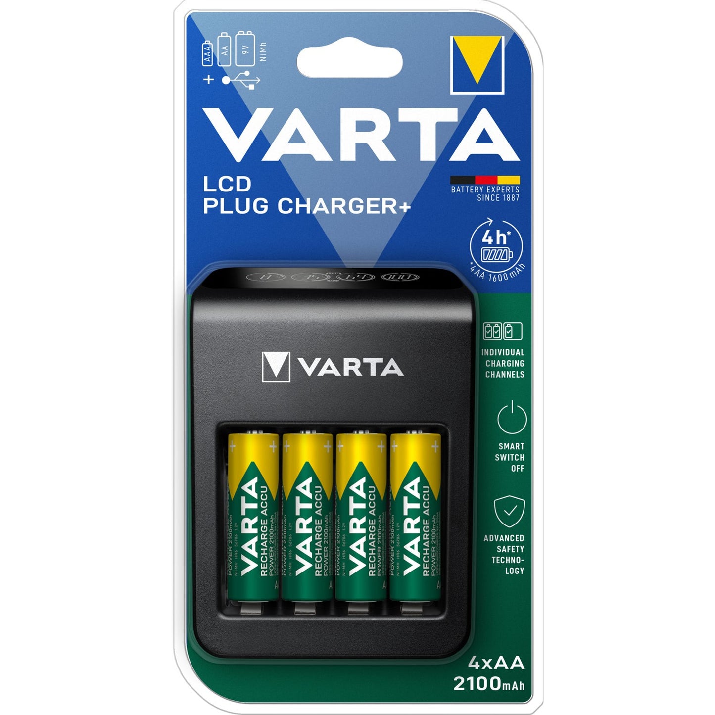 LCD Plug Charger+ AA/AAA/9V + USB incl. 4xAA
