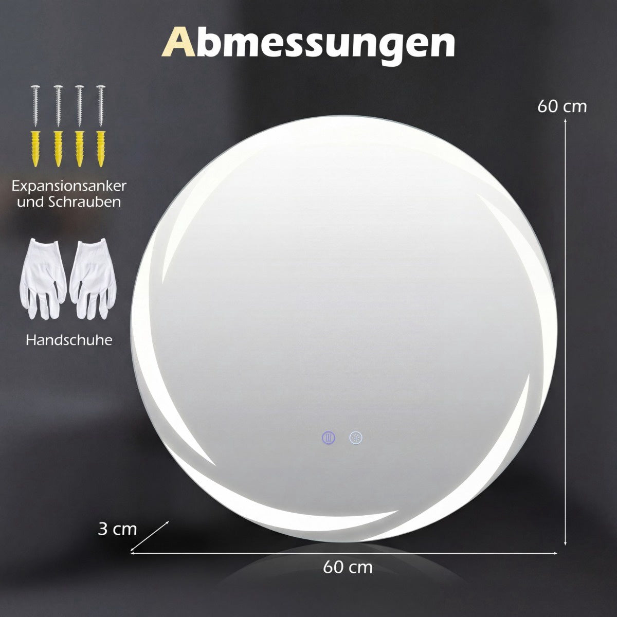 LED Bathroom Mirror, Ø60 cm, Anti-Fog, Dimmable, 3-Color Lighting