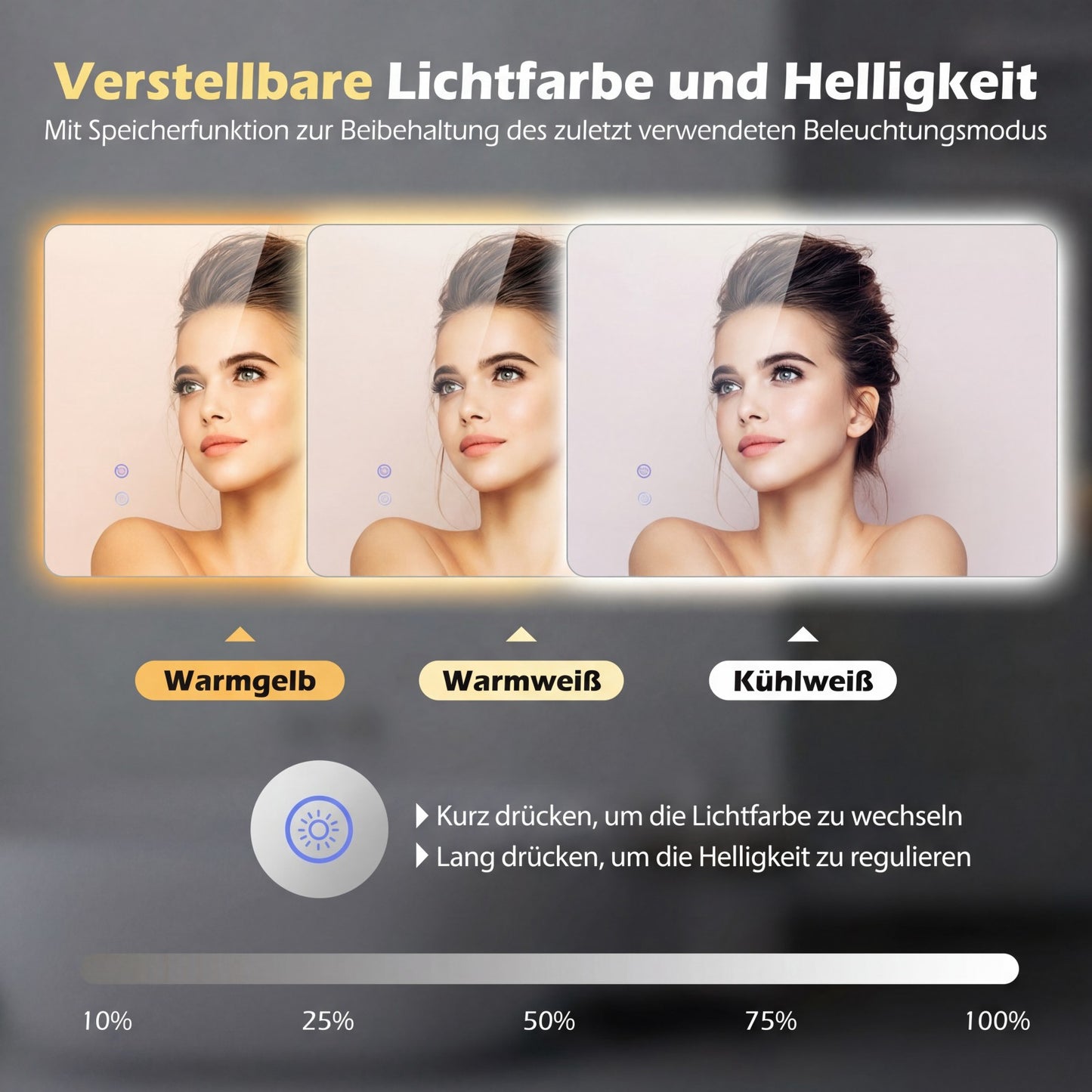 LED Bathroom Mirror, 70x50 cm, Anti-Fog, Adjustable Light