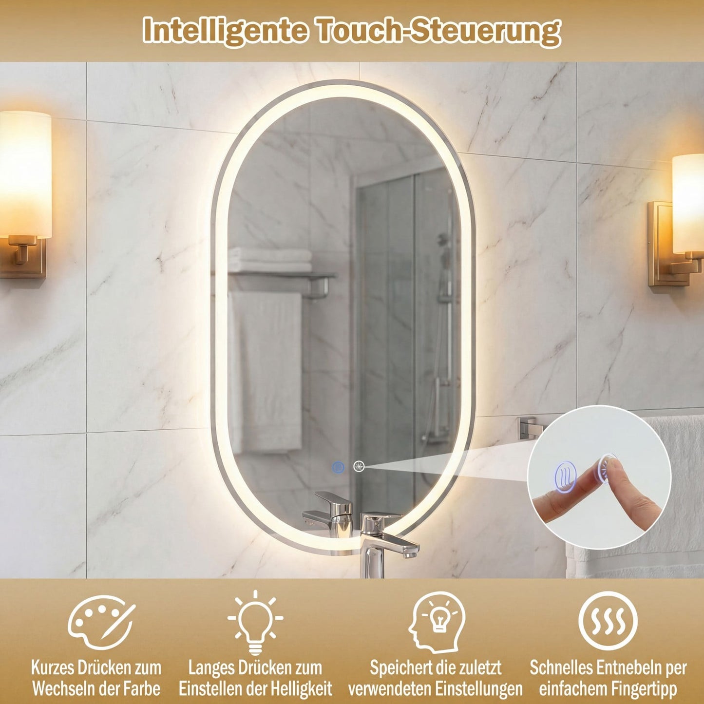 LED Bathroom Mirror, 80x50 cm, Backlit, Anti-Fog, Touch Control