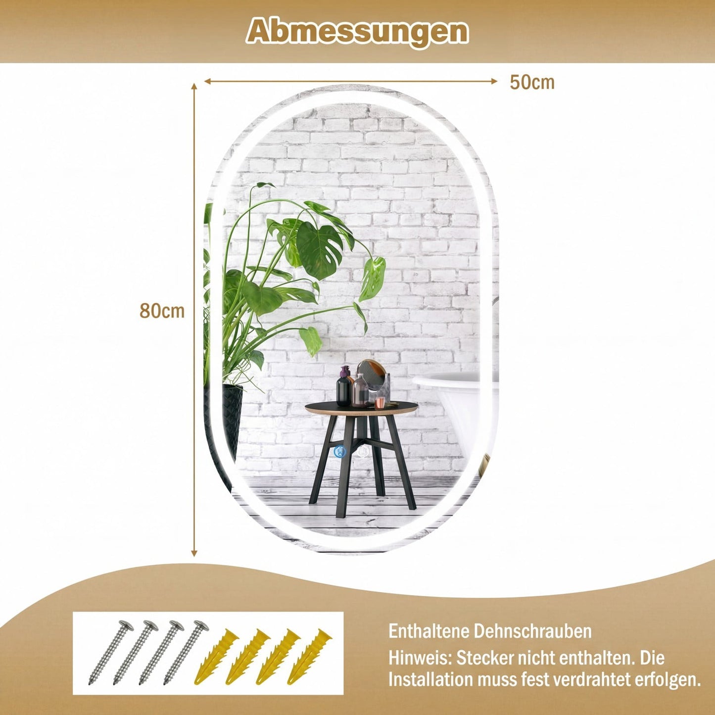 LED Bathroom Mirror, 80x50 cm, Backlit, Anti-Fog, Touch Control