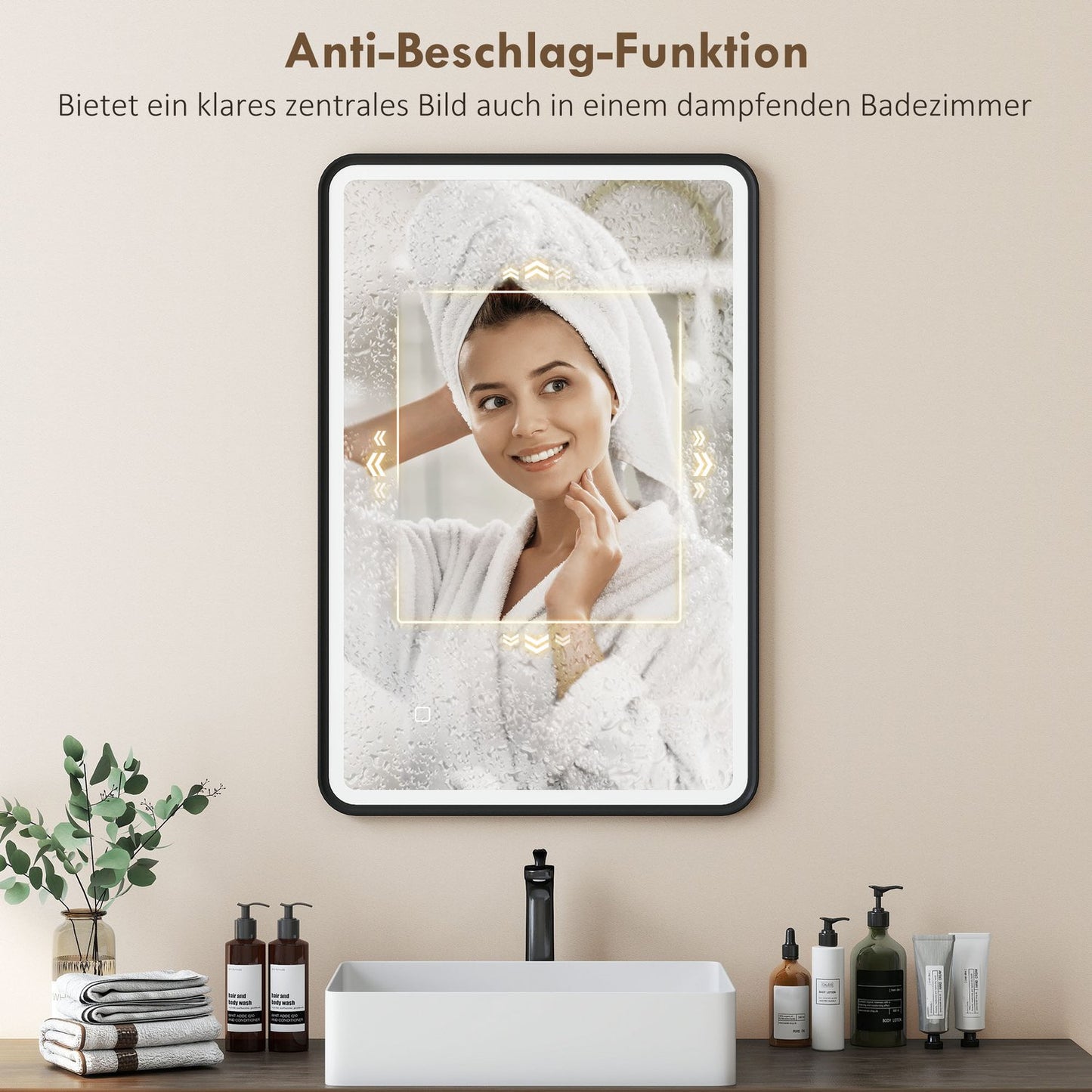 LED Bathroom Mirror, 90x60 cm, Dimmable, 3 Colors, Black