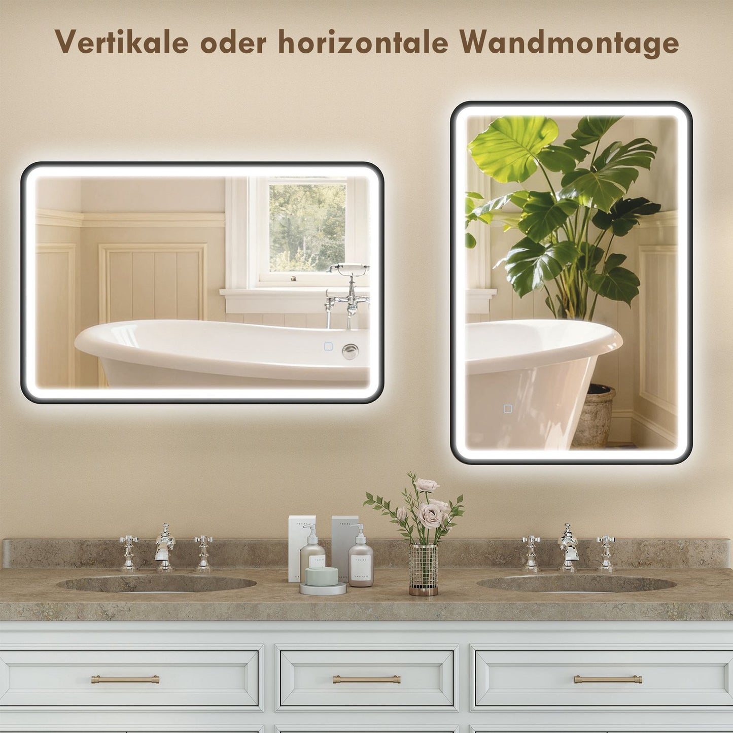 LED Bathroom Mirror, 90x60 cm, Dimmable, 3 Colors, Black