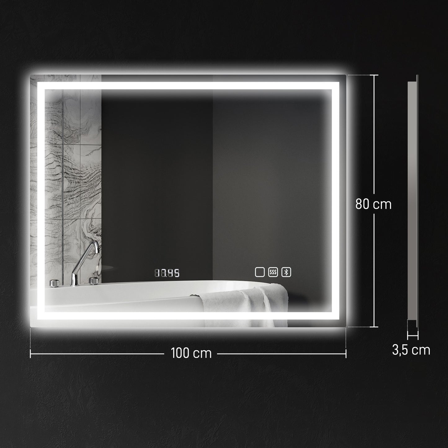 LED Bathroom Mirror, Bluetooth, 80x100 cm, Touch Control