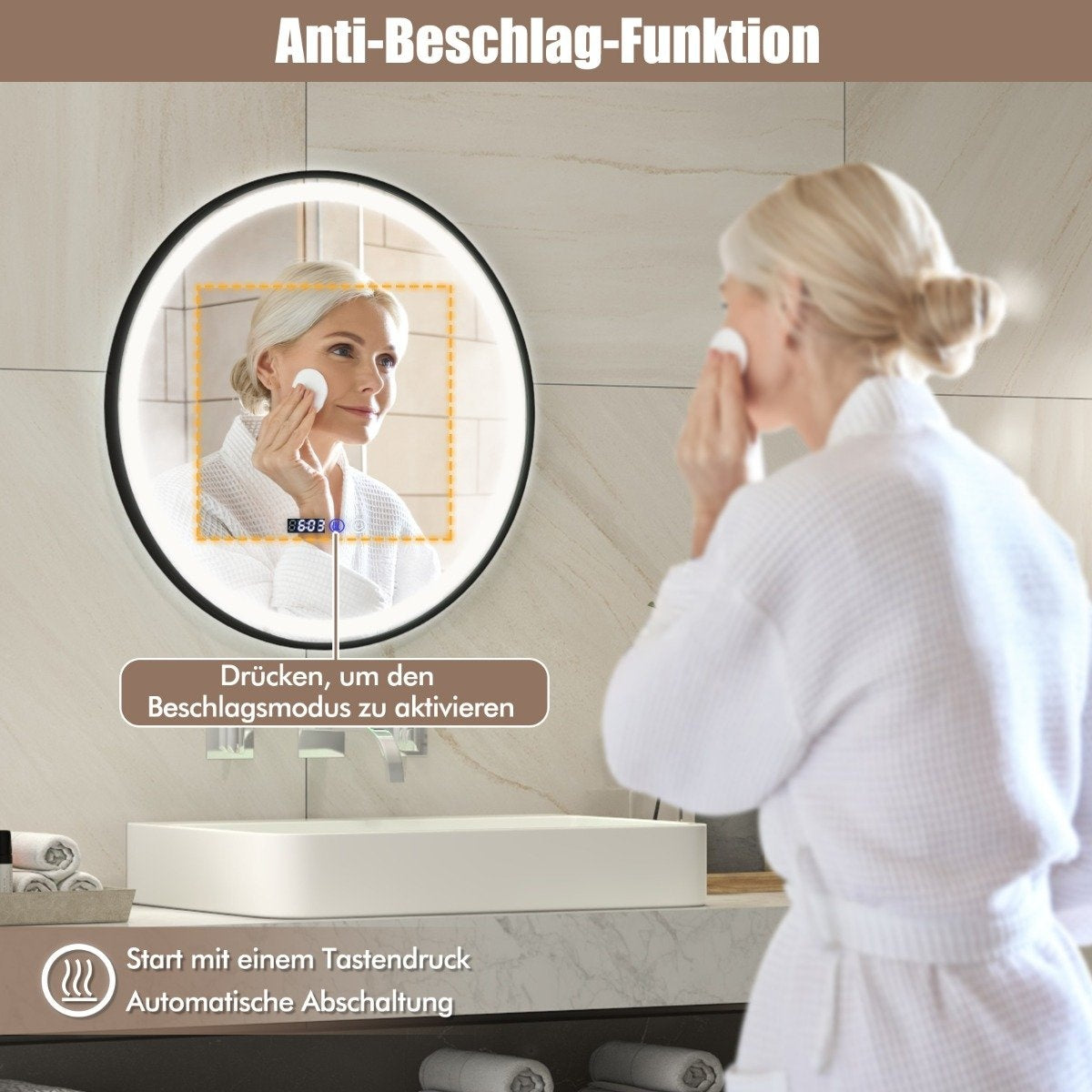 LED Bathroom Mirror with Anti-Fog, 3-Color Light, Memory