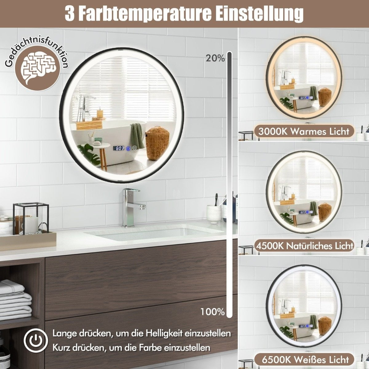 LED Bathroom Mirror with Anti-Fog, 3-Color Light, Memory