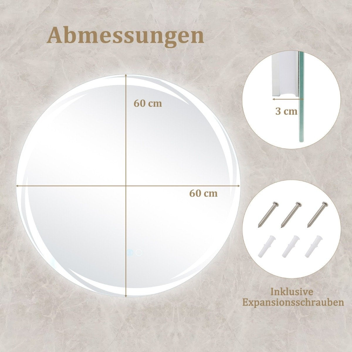 LED Bathroom Mirror with Anti-Fog, 60cm Round, Dual Lighting