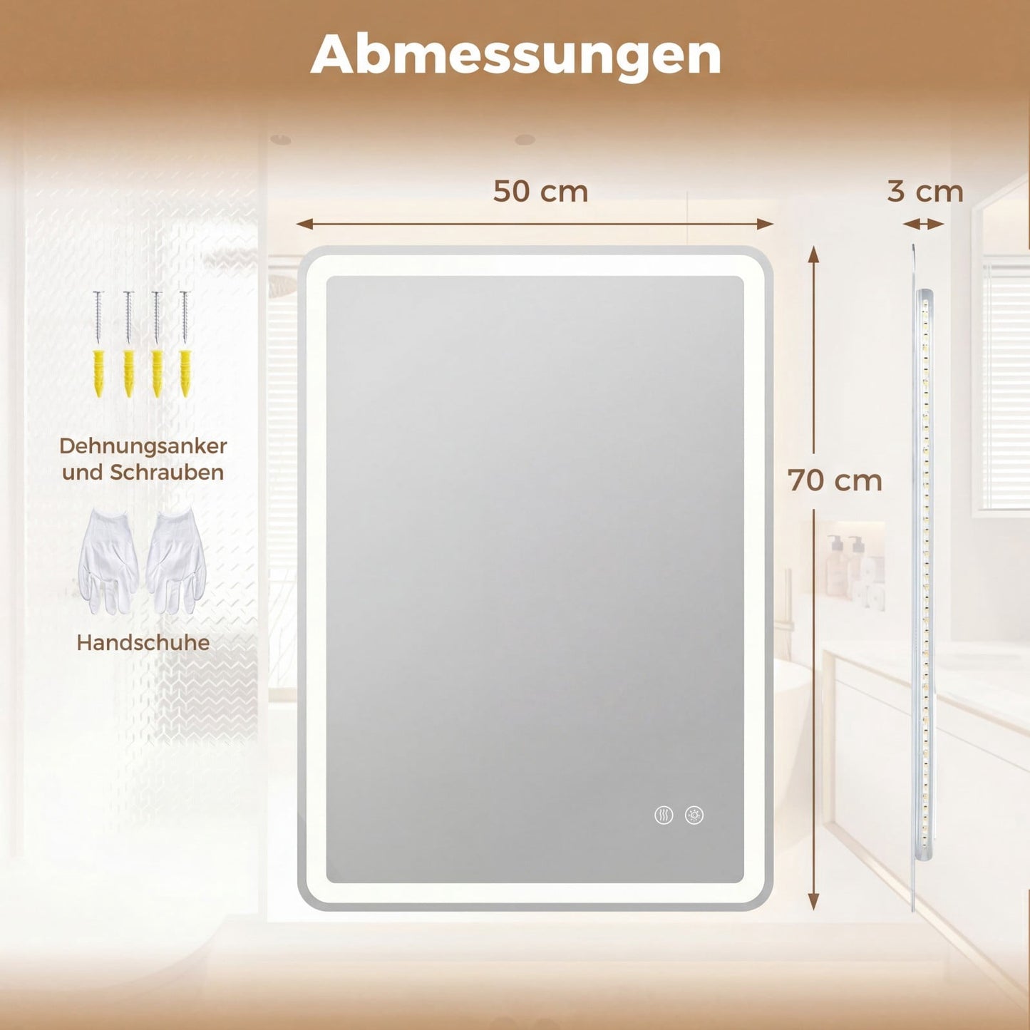 LED Bathroom Mirror with Anti-Fog, Dimmable, 70x50 cm