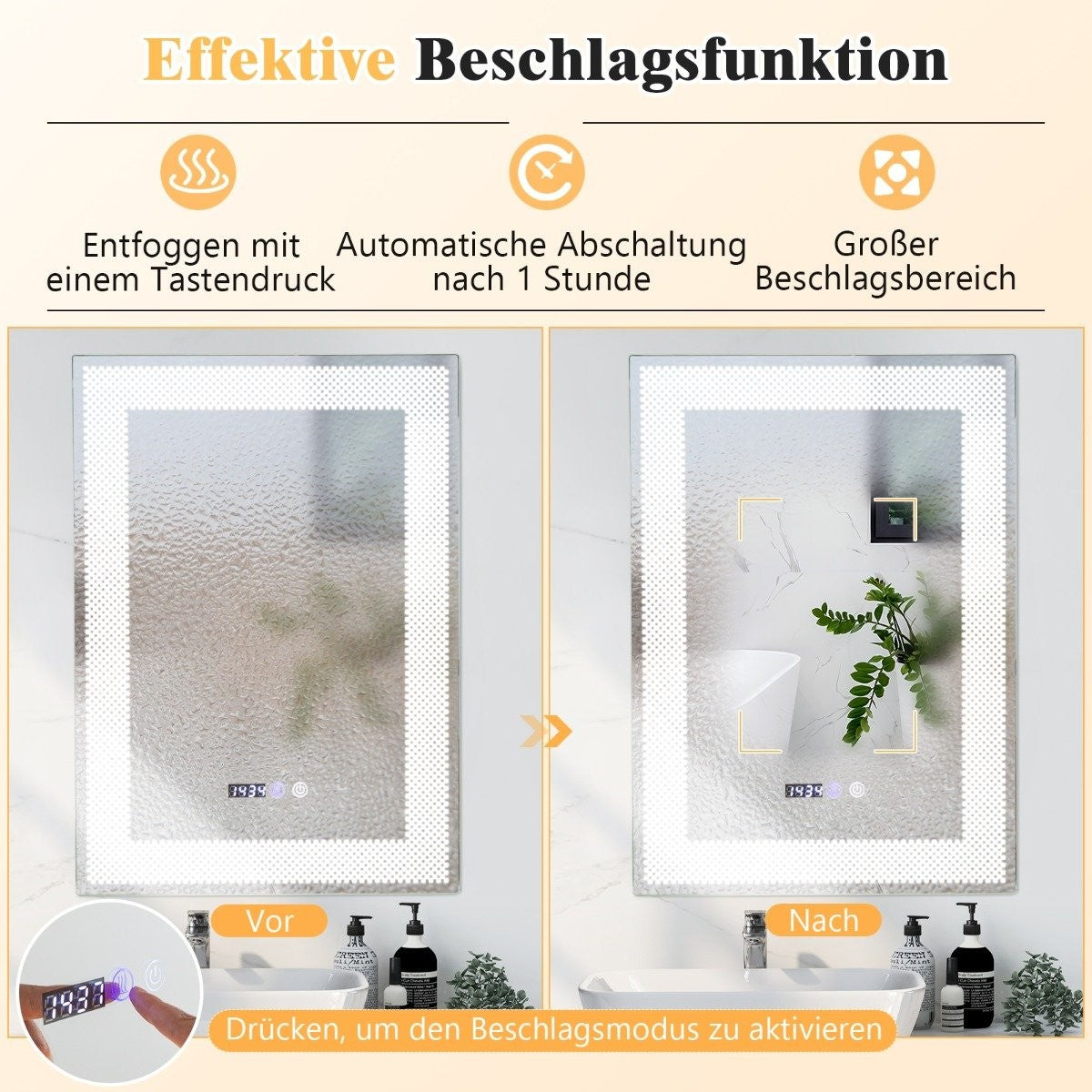 LED Bathroom Mirror with Anti-Fog, Memory, Time & Temp Display