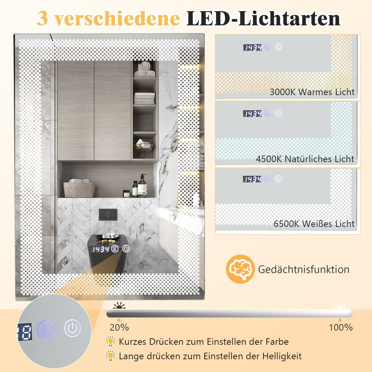 LED Bathroom Mirror with Anti-Fog, Memory, Time & Temp Display