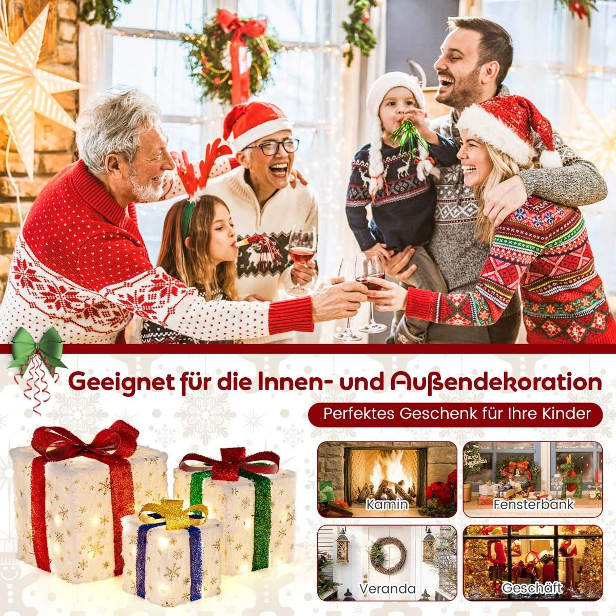 LED Christmas Gift Box Set – 3 Sizes, 48 Warm Lights, Timer