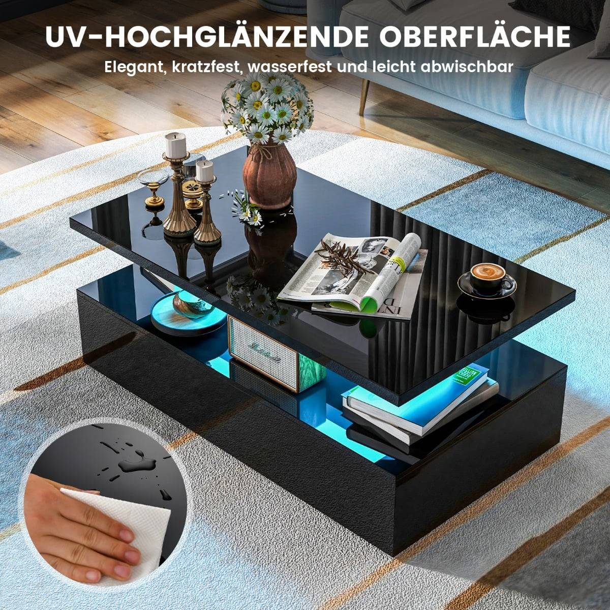 LED Coffee Table, High Gloss, Black, 110x60x40 cm