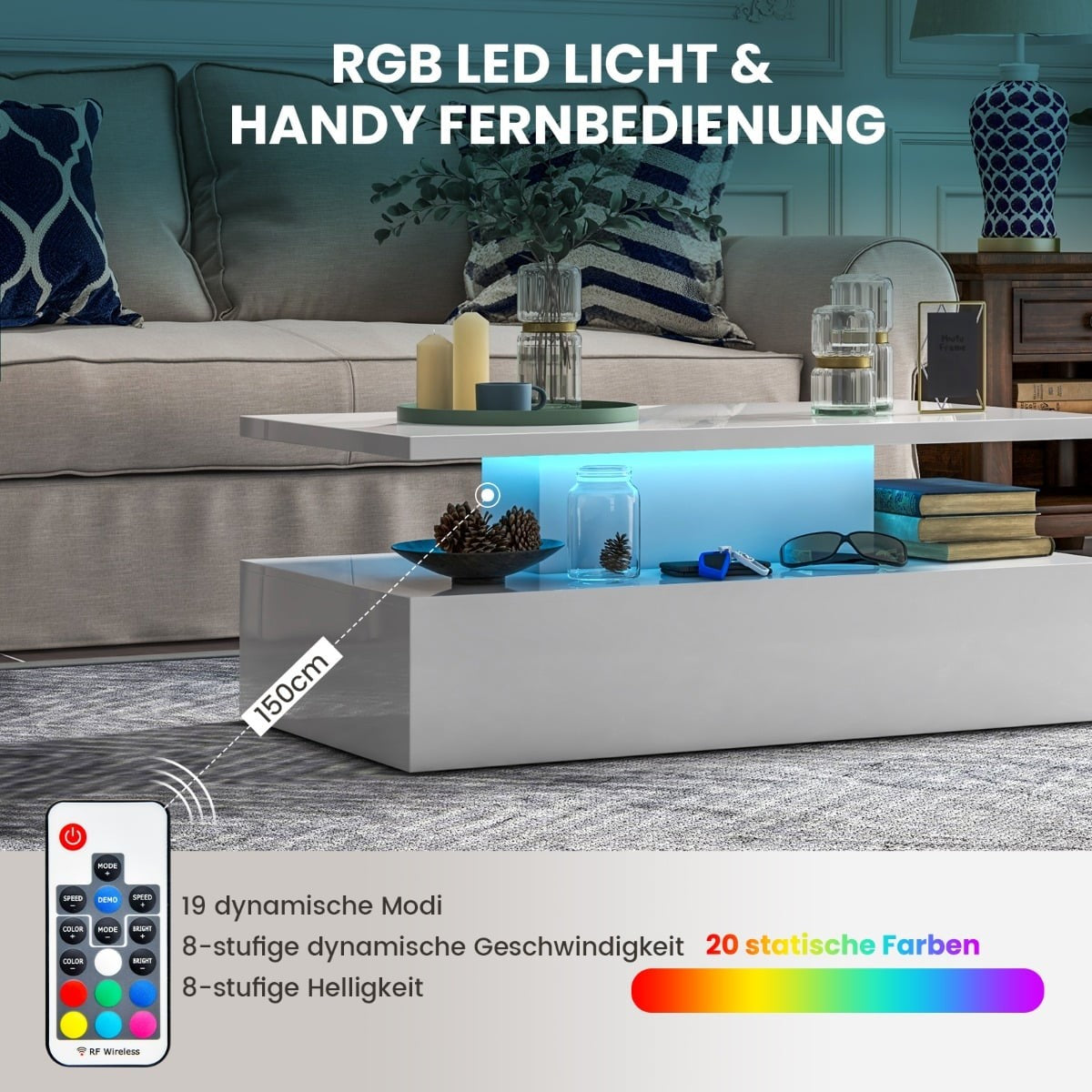 LED Coffee Table with Adjustable Colors & Brightness