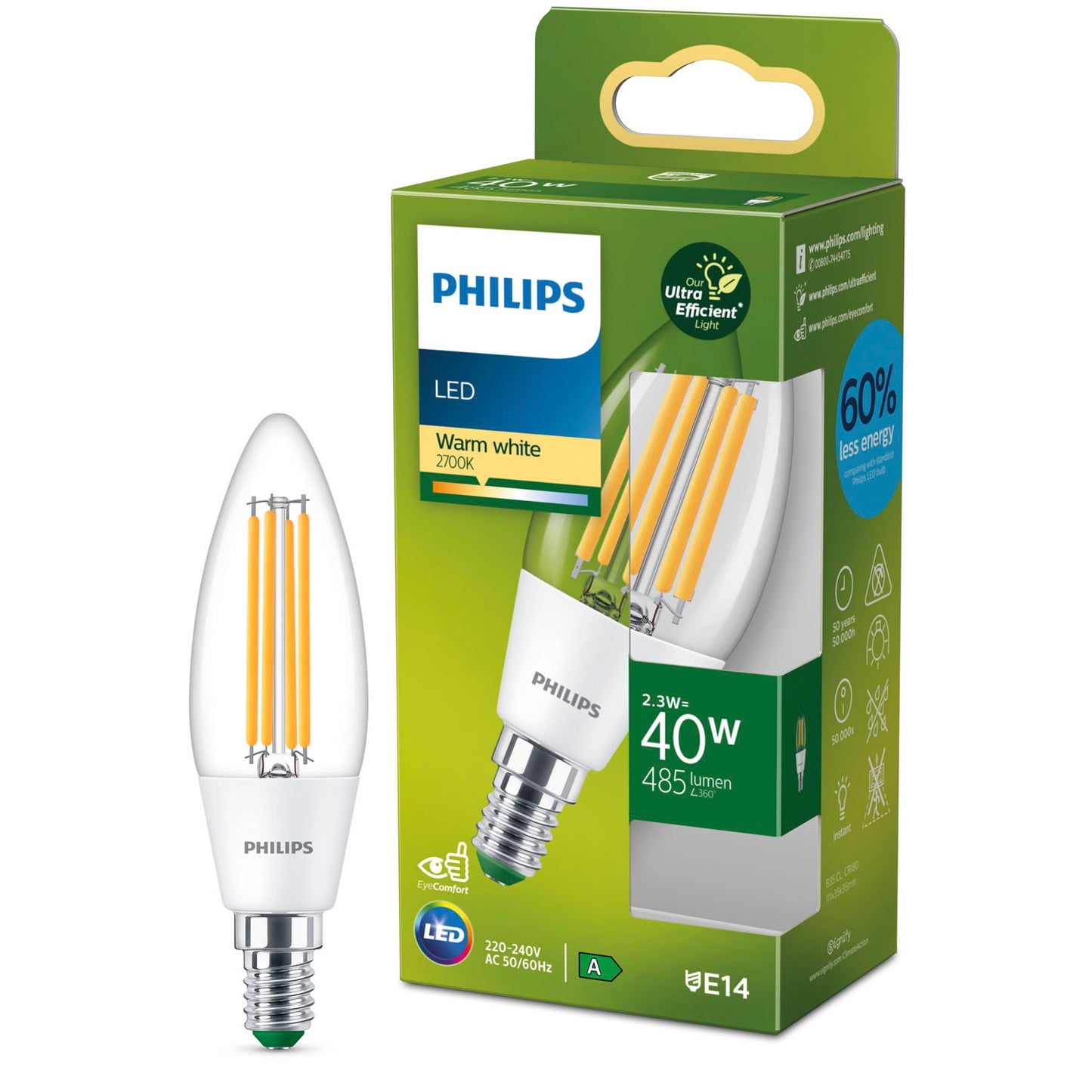 LED E14 B35 Crown 2.3W (40W) Clear 485lm 2700K Energy class A