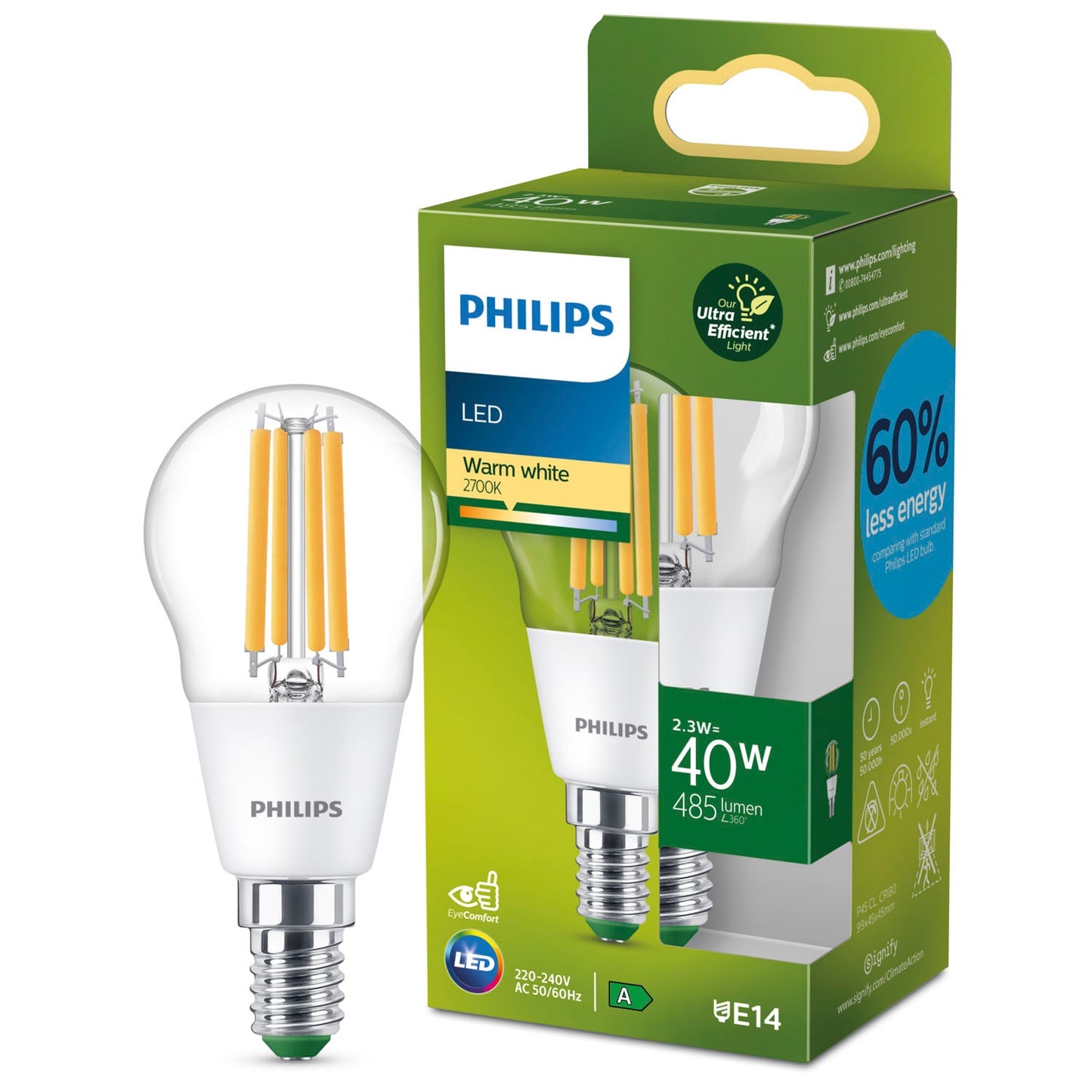 LED E14 P45 Globe 2.3W (40W) Clear 485lm 2700K Energy class A