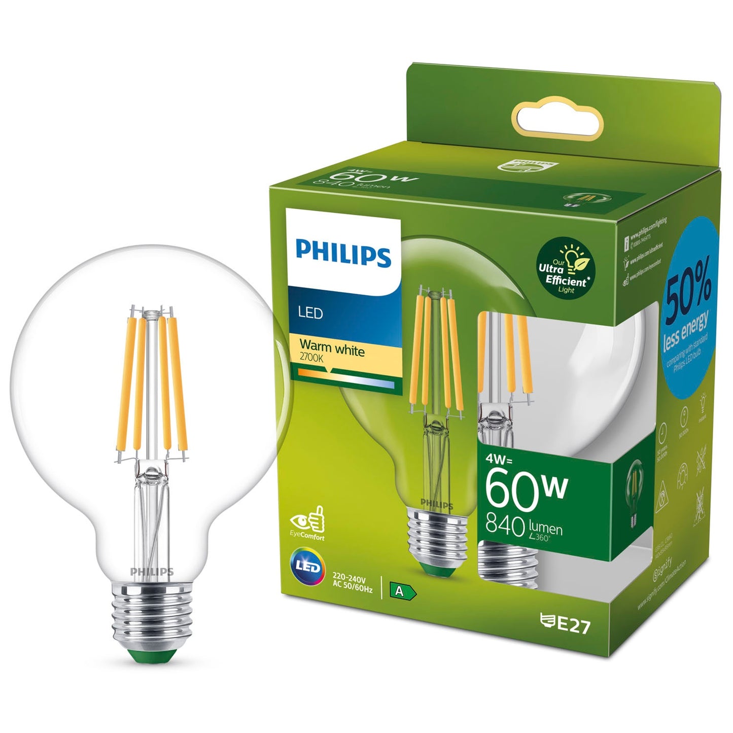 LED E27 G95 Globe 4W (60W) Clear 840lm 2700K Energy class A