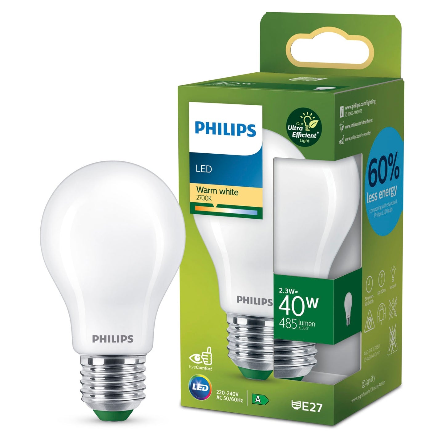 LED E27 Normal 2.3W (40W) Frosted 485lm 2700K Energy class A