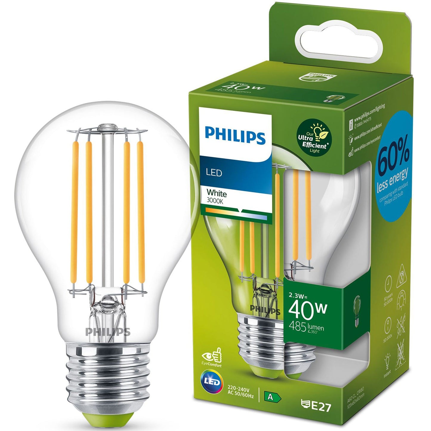 LED E27 Normal 40W Clear 485lm 3000K Energy class A