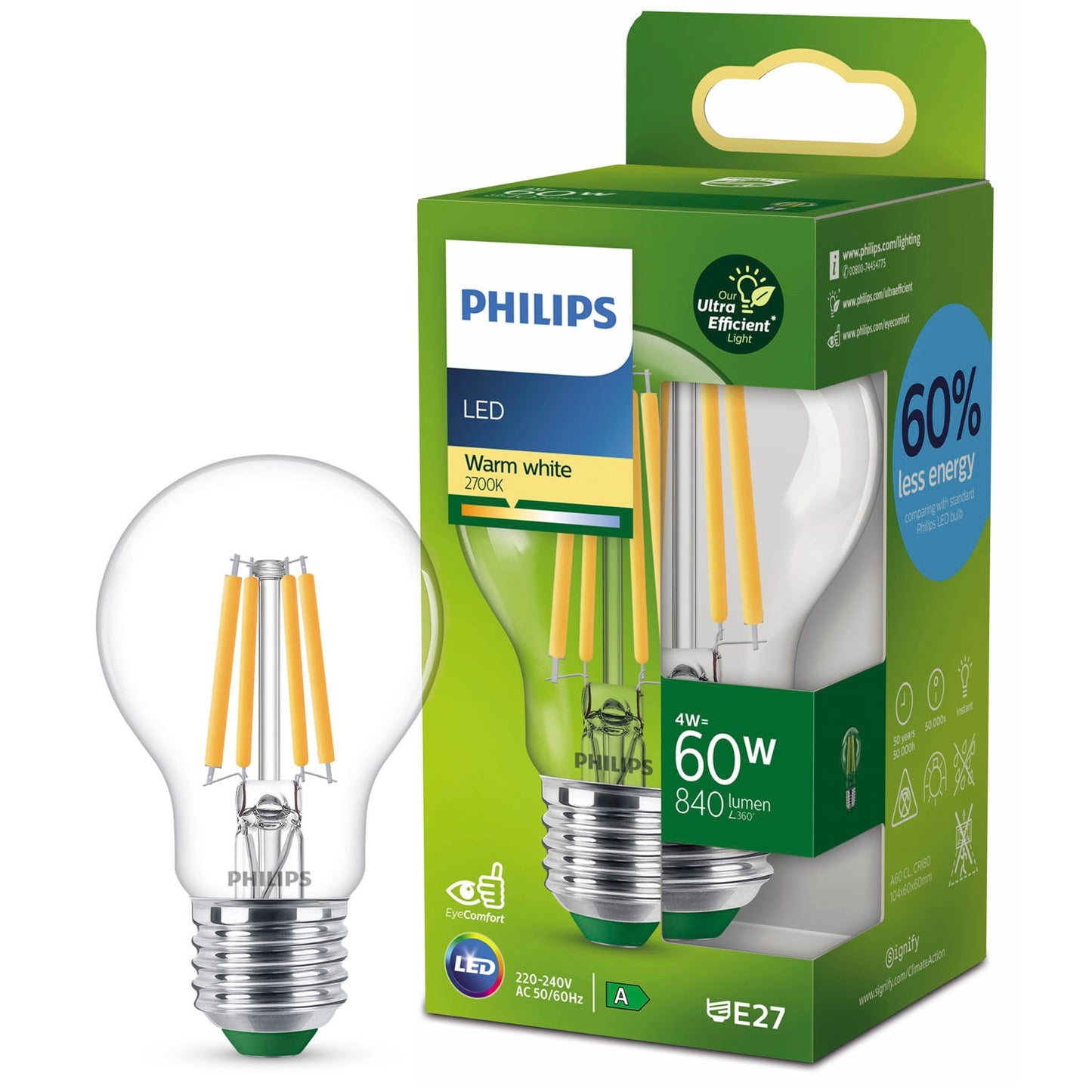 LED E27 Normal 4W (60W) Clear 840lm 2700K Energy class A