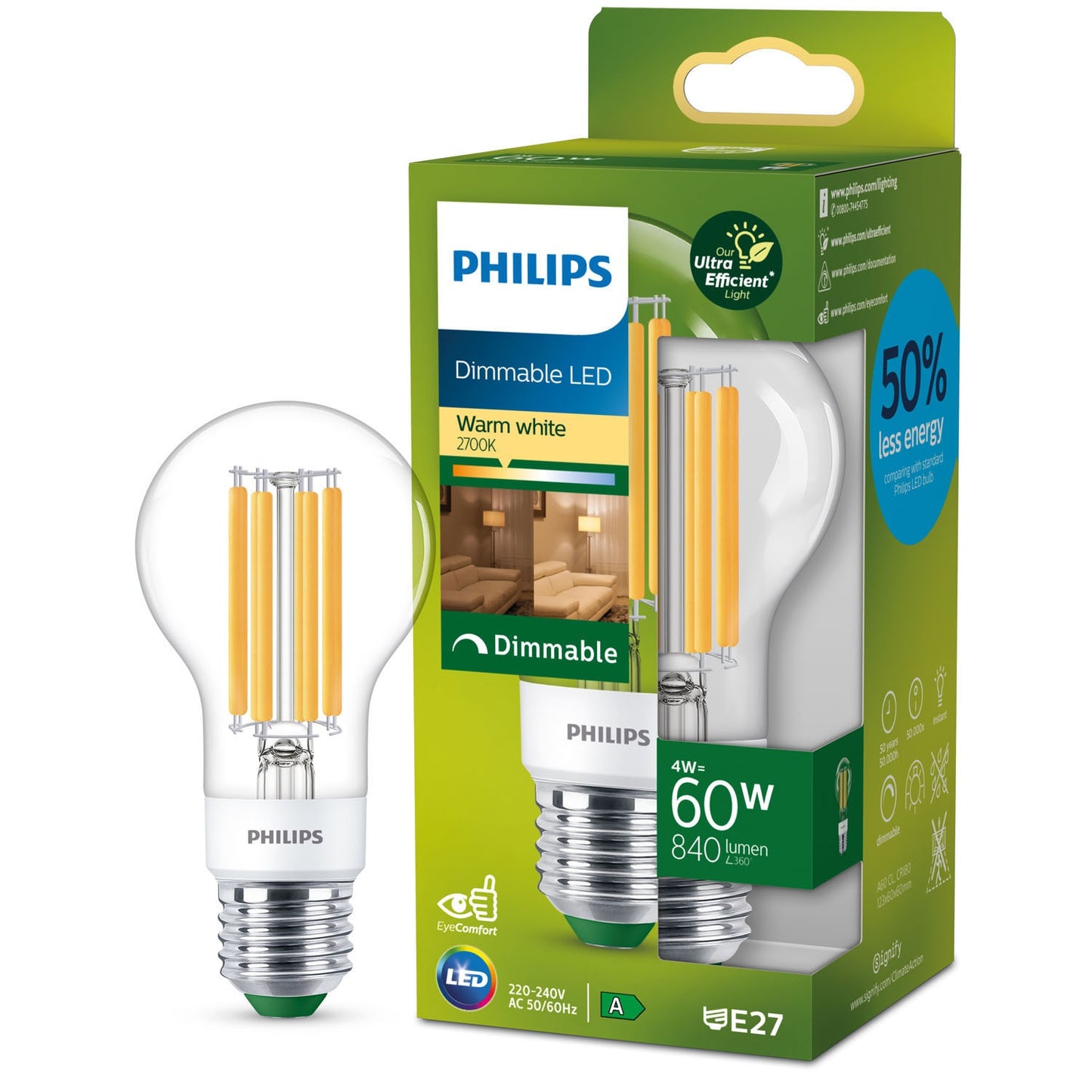 LED E27 Normal 4W (60W) Clear Dimmable 840lm 2700K Energy class A