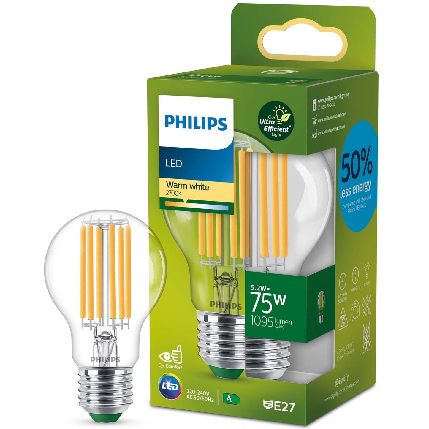 LED E27 Normal 5.2W (75W) Clear 1095lm 2700K Energy class A