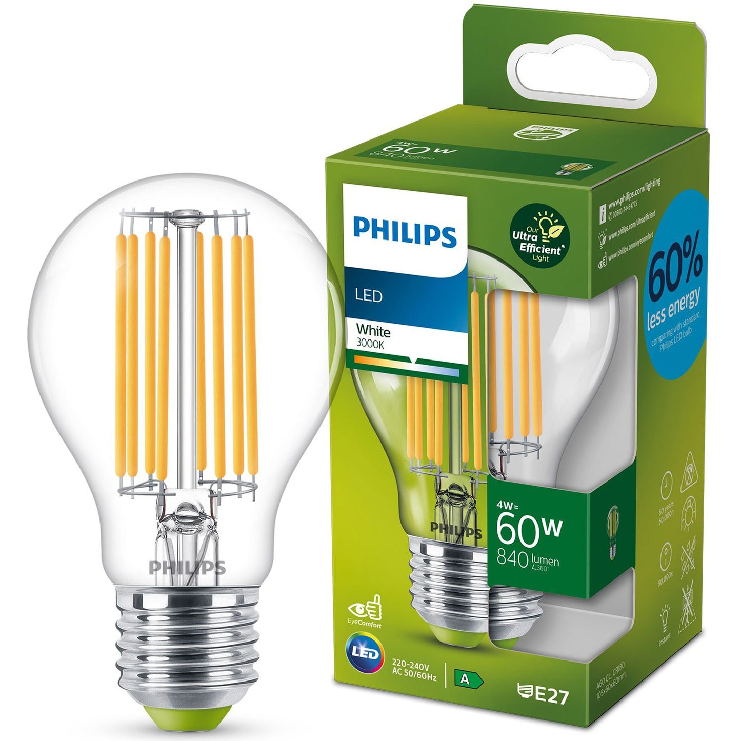 LED E27 Normal 60W Clear 840lm 3000K Energy class A