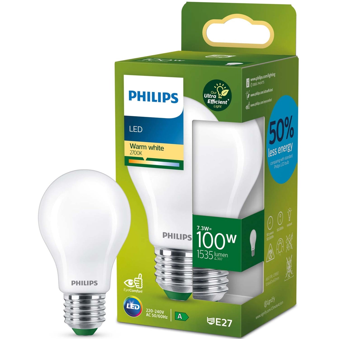 LED E27 Normal 7.3W (100W) Frosted 1535lm 2700K Energy class A