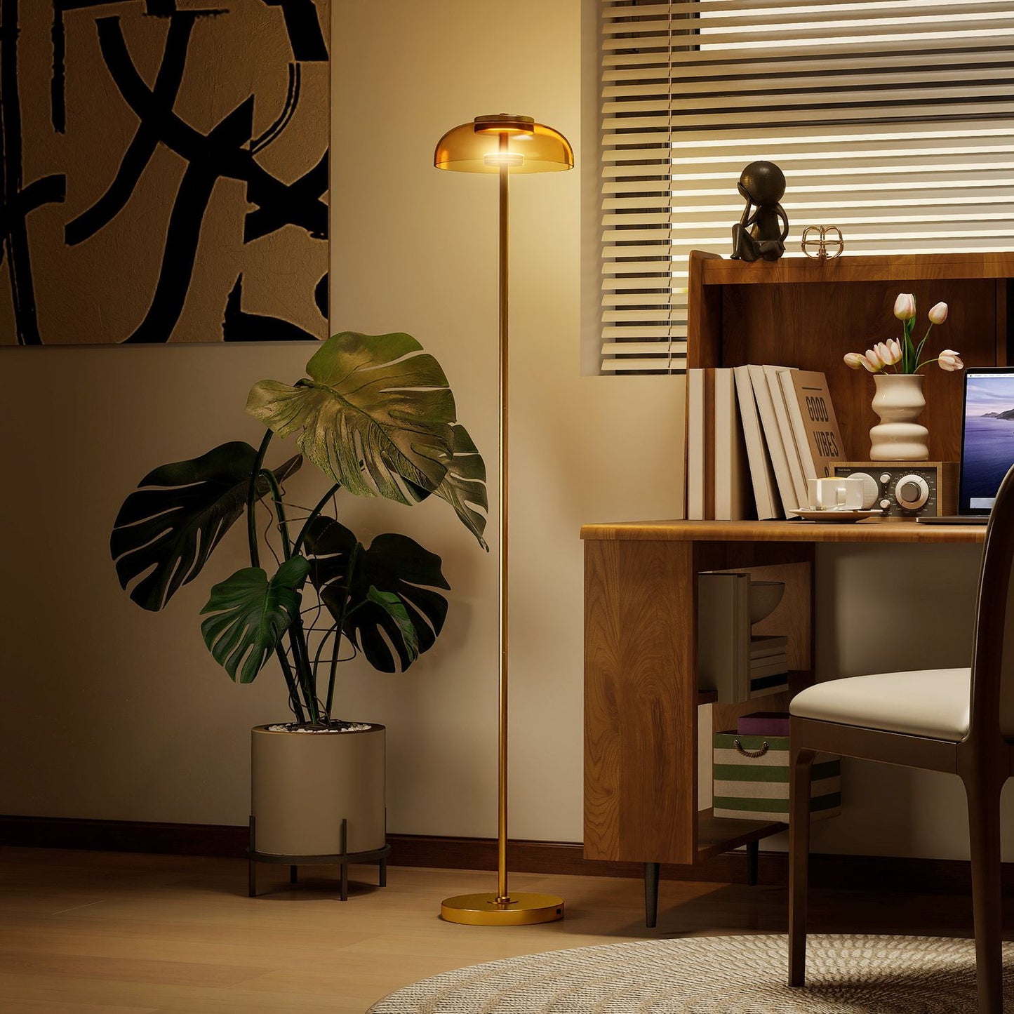 LED Floor Lamp, 3000K Warm Light, Brass Finish, Foot Switch
