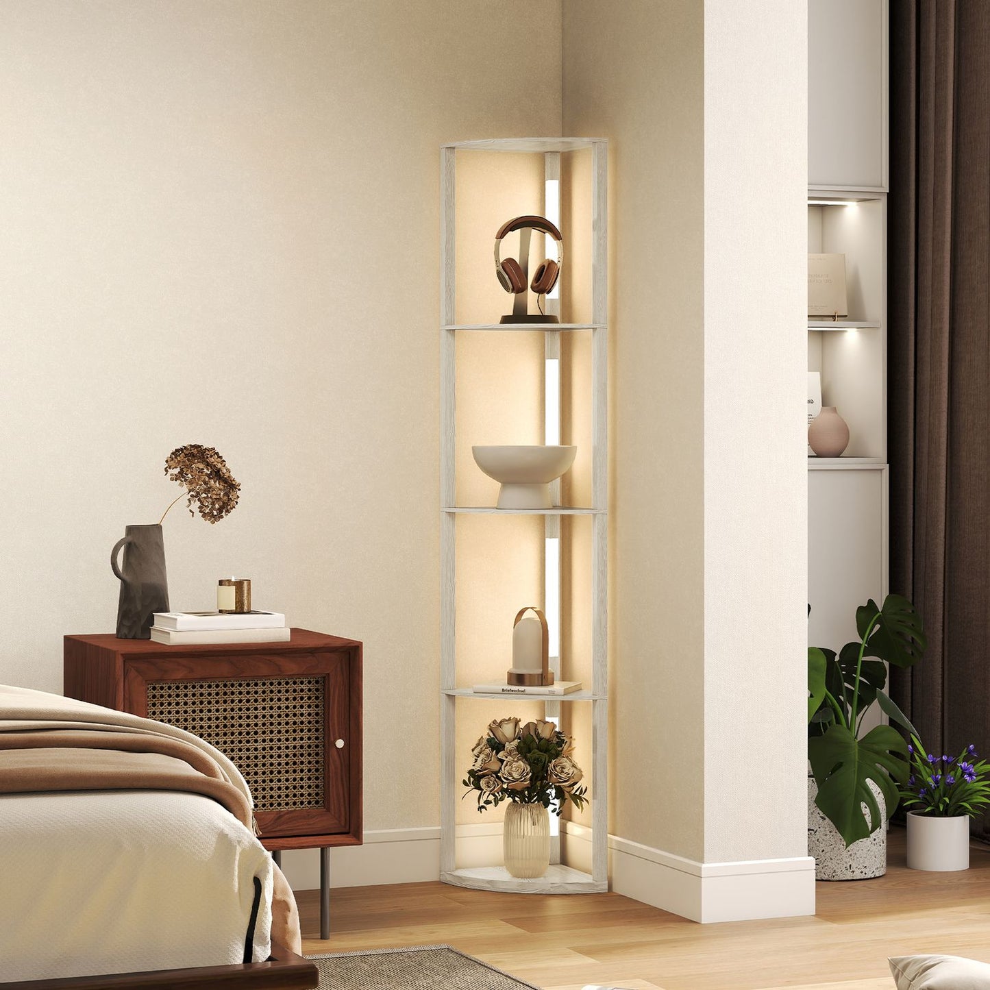 LED Floor Lamp with Shelves, Dimmable, Oak Finish, 41x30x164cm
