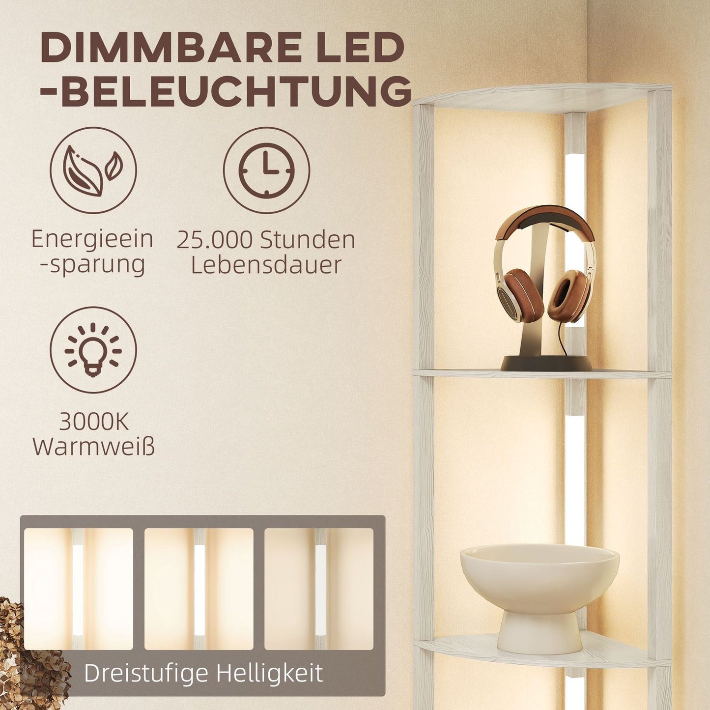 LED Floor Lamp with Shelves, Dimmable, Oak Finish, 41x30x164cm