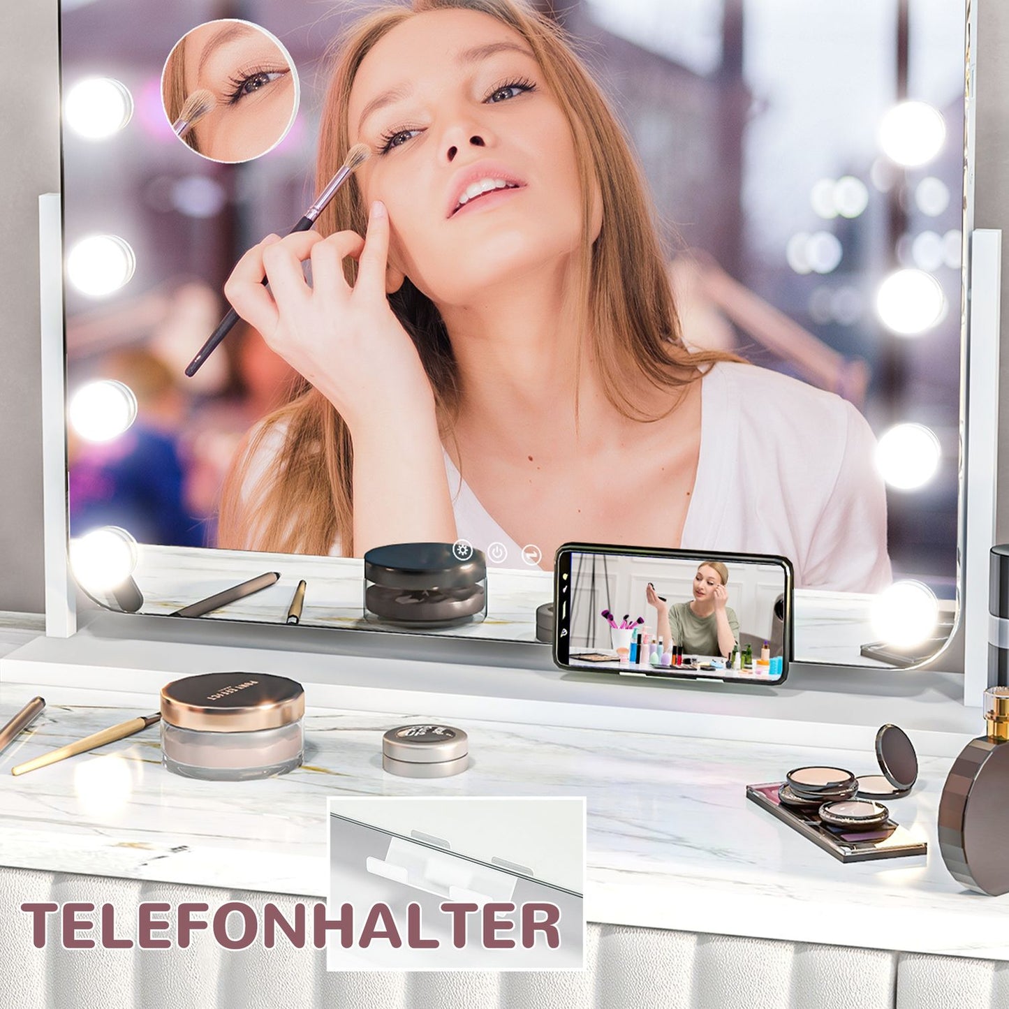 LED Makeup Mirror – 3 Light Modes, Dimmable, USB, 62.5x49.5cm