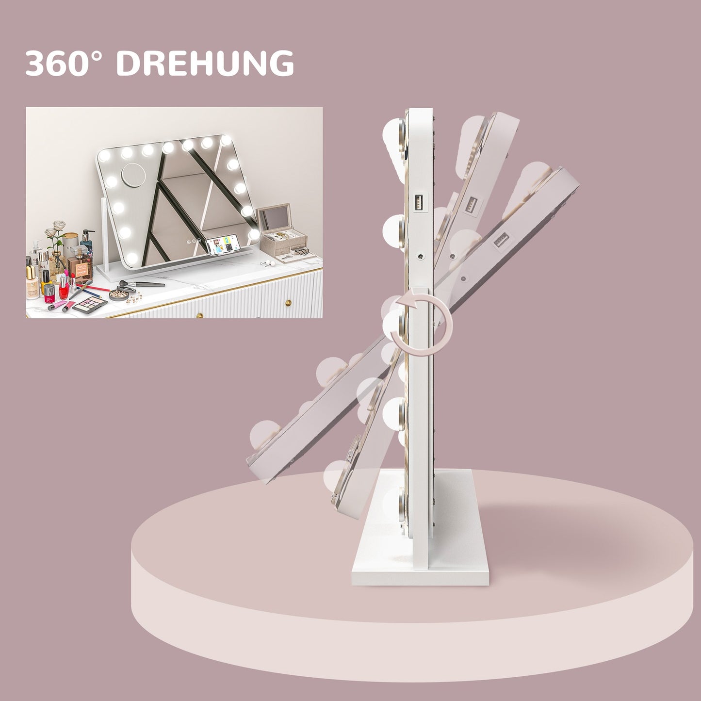LED Makeup Mirror – 3 Light Modes, Dimmable, USB, 62.5x49.5cm