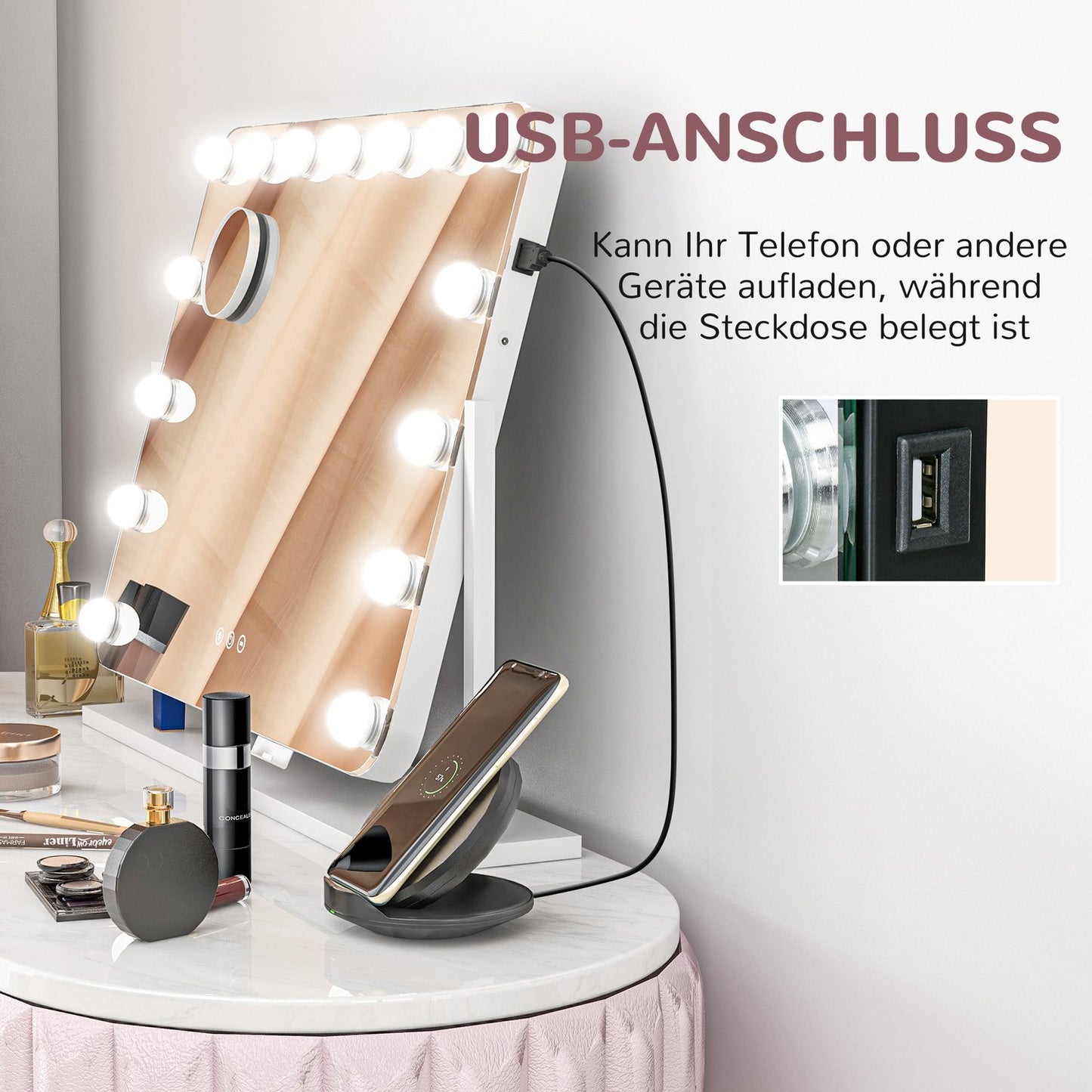 LED Makeup Mirror – 3 Light Modes, Dimmable, USB, 62.5x49.5cm