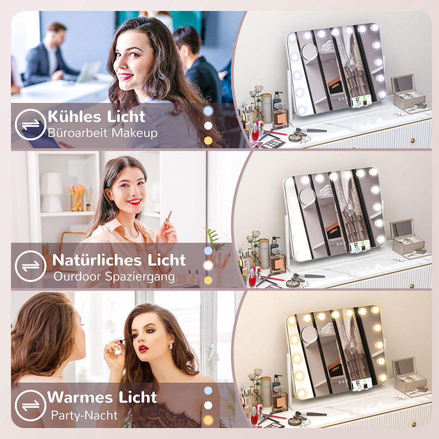 LED Makeup Mirror – 3 Light Modes, Dimmable, USB, 62.5x49.5cm