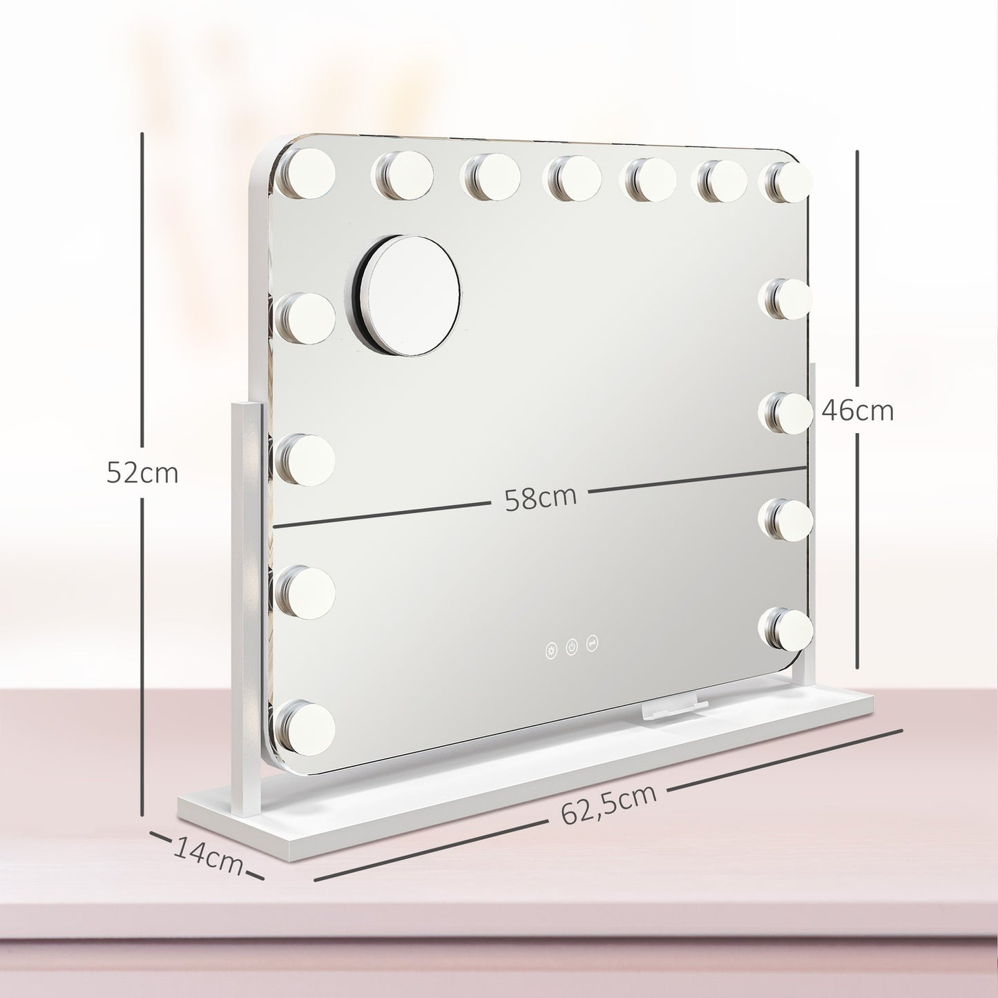 LED Makeup Mirror – 3 Light Modes, Dimmable, USB, 62.5x49.5cm