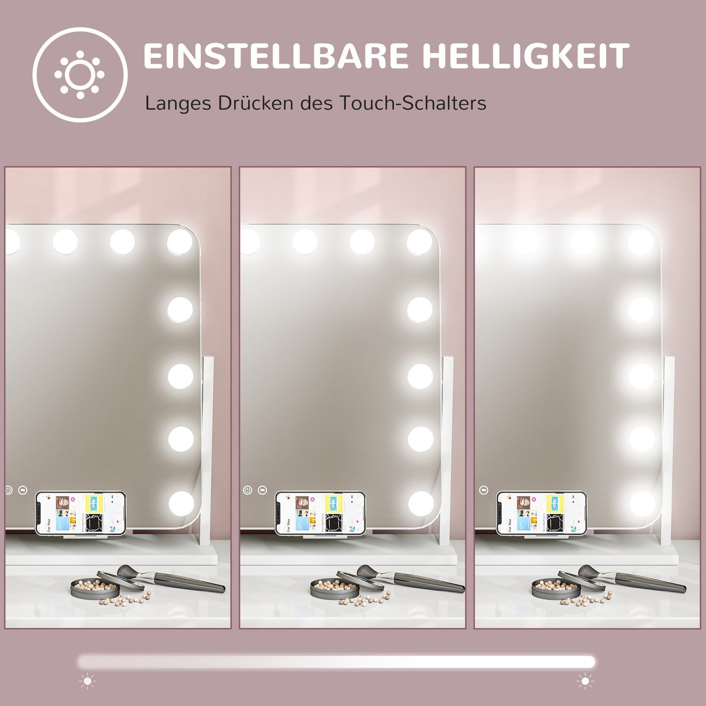 LED Makeup Mirror – 3 Light Modes, Dimmable, USB, 62.5x49.5cm
