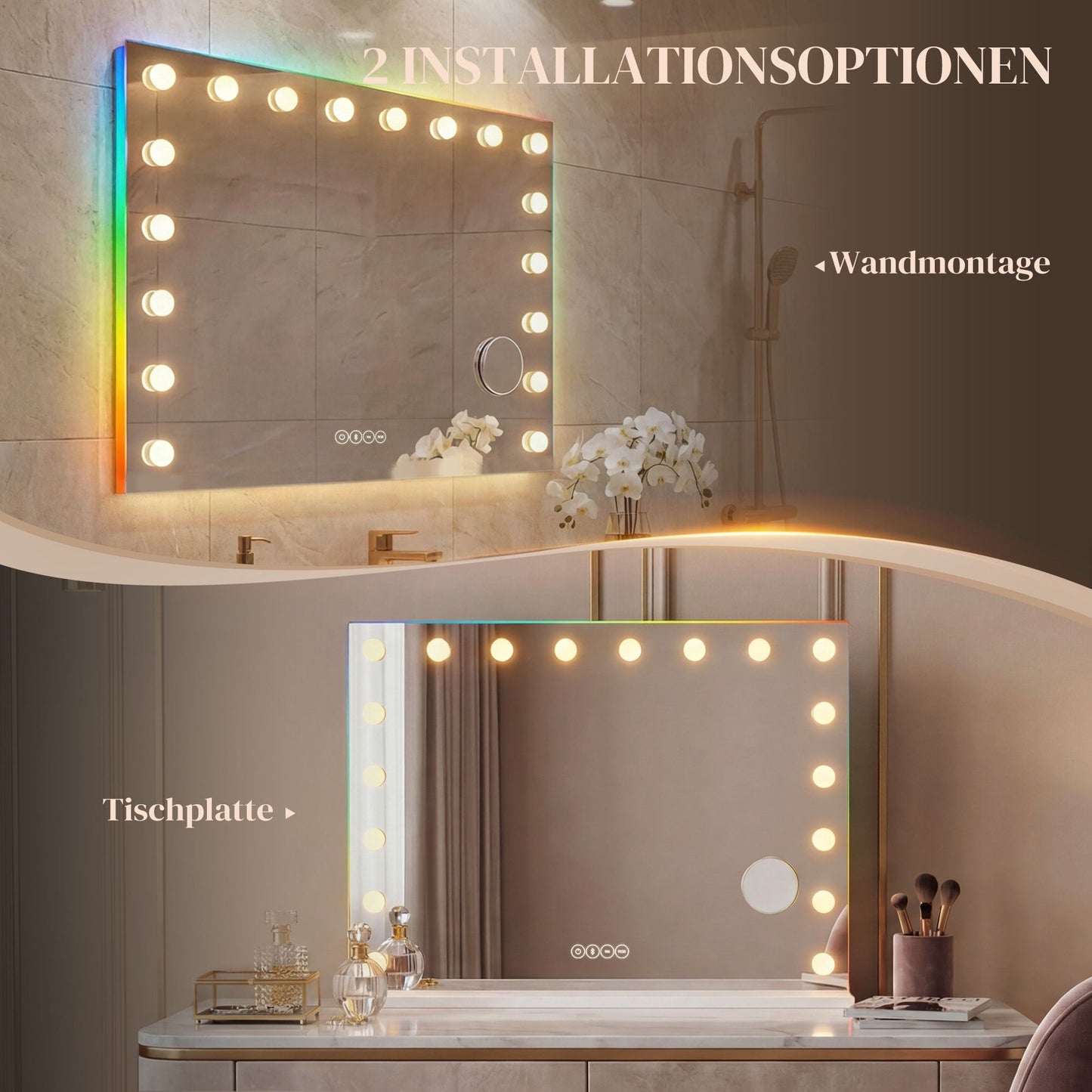 LED Makeup Mirror with Bluetooth, RGB, 10x Magnification