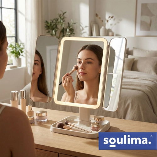LED Makeup Mirror with Magnification, Foldable, USB-C