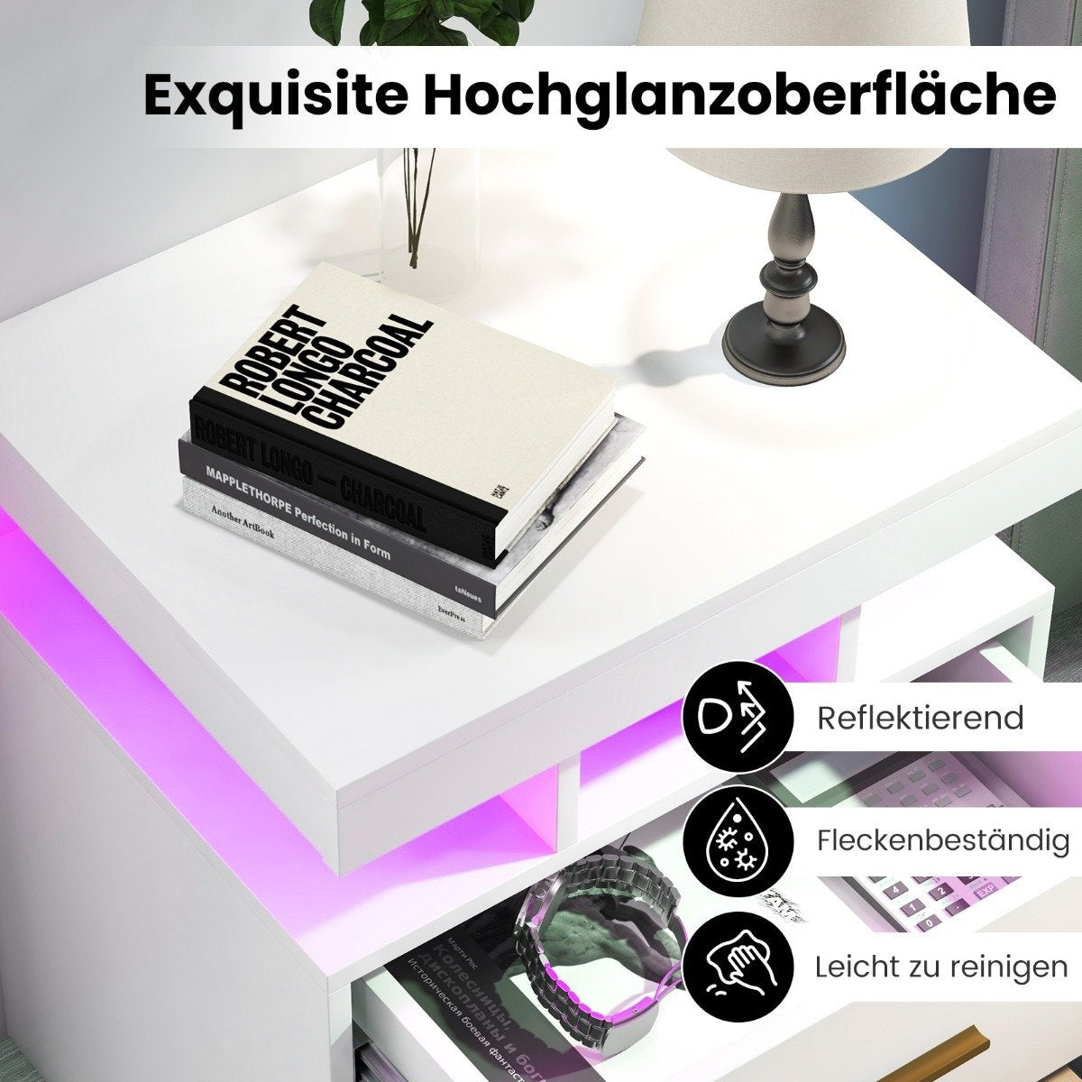 LED Nightstand with 2 Drawers, High Gloss, Remote Control