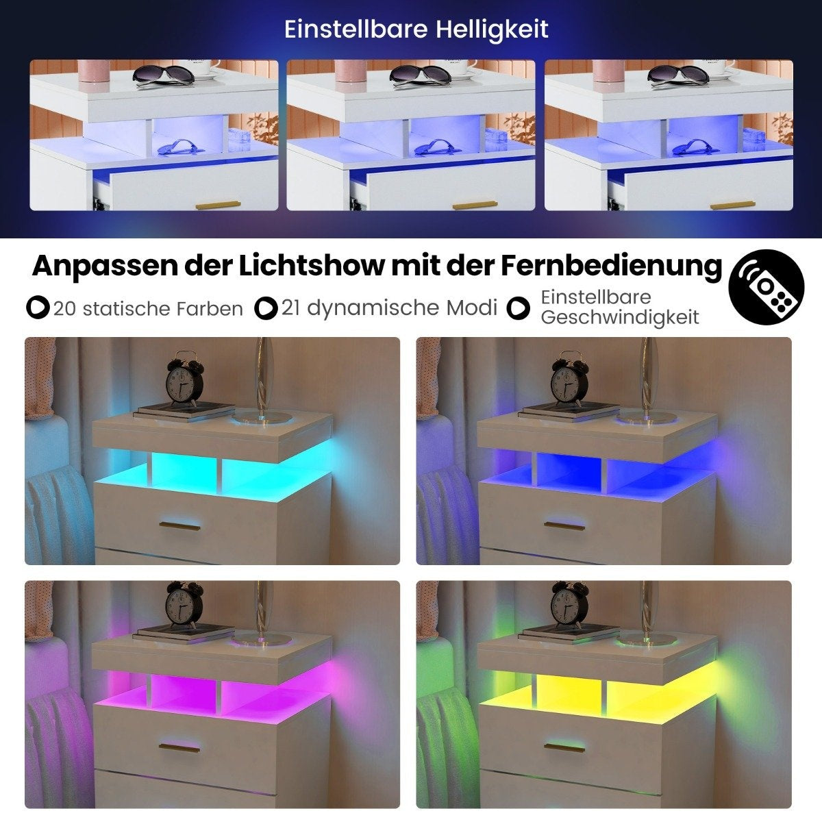 LED Nightstand with 2 Drawers, High Gloss, Remote Control