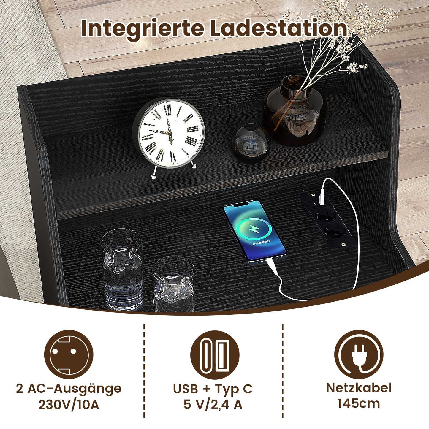 LED Nightstand with Charging Station, 2 Drawers, Black