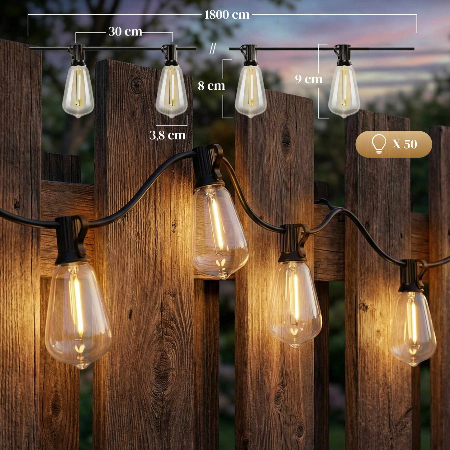 LED String Lights, 18m, 50 Vintage Edison Bulbs, Warm White