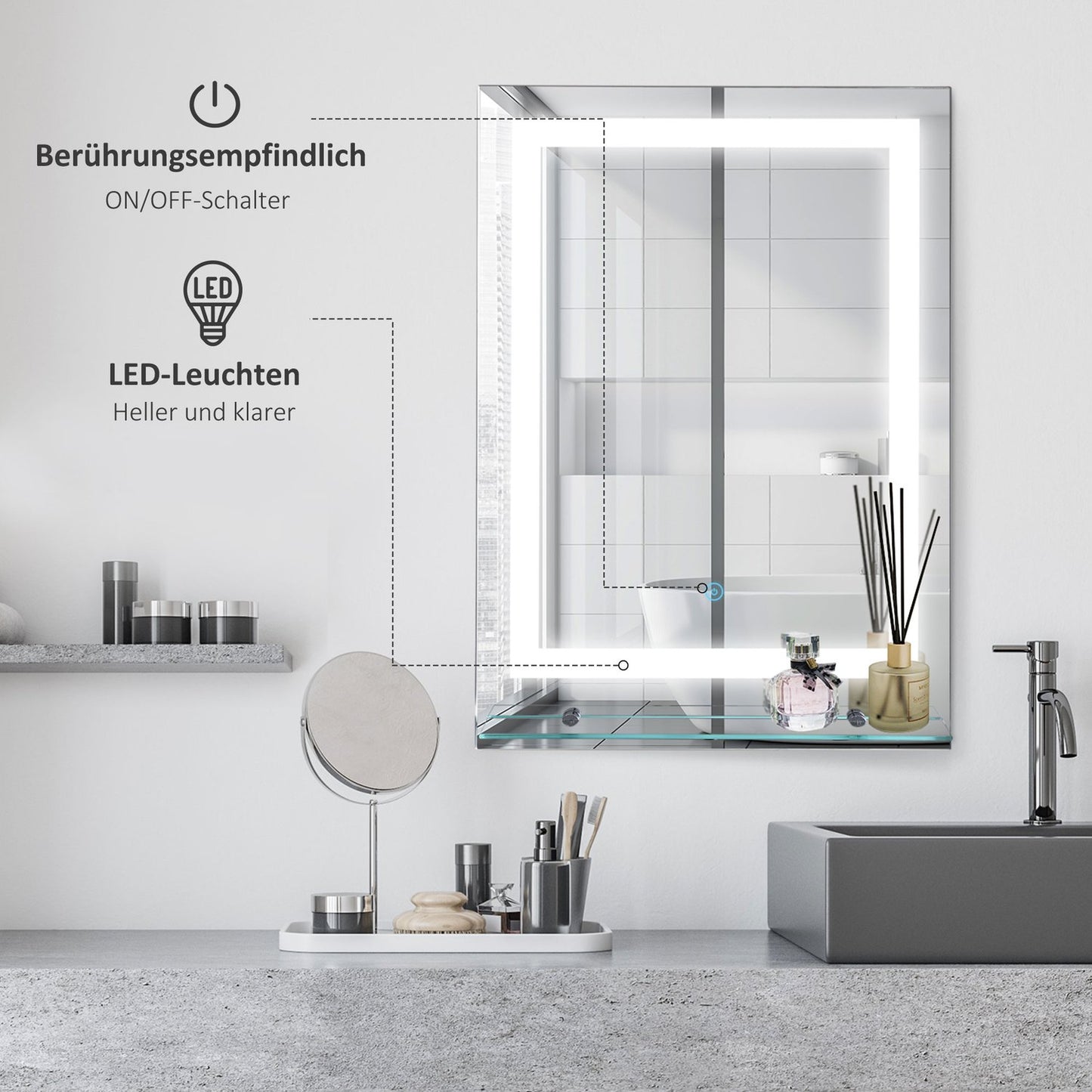 LED Bathroom mirror, 22W, Illuminated with glass shelf, 70x50cm