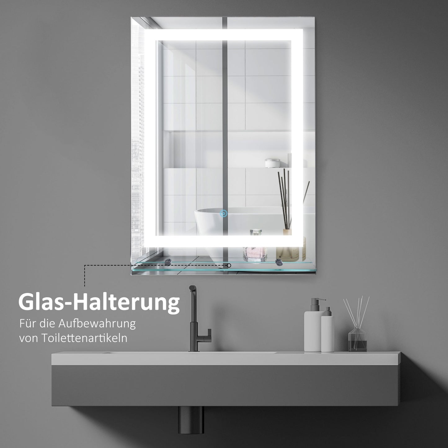 LED Bathroom mirror, 22W, Illuminated with glass shelf, 70x50cm