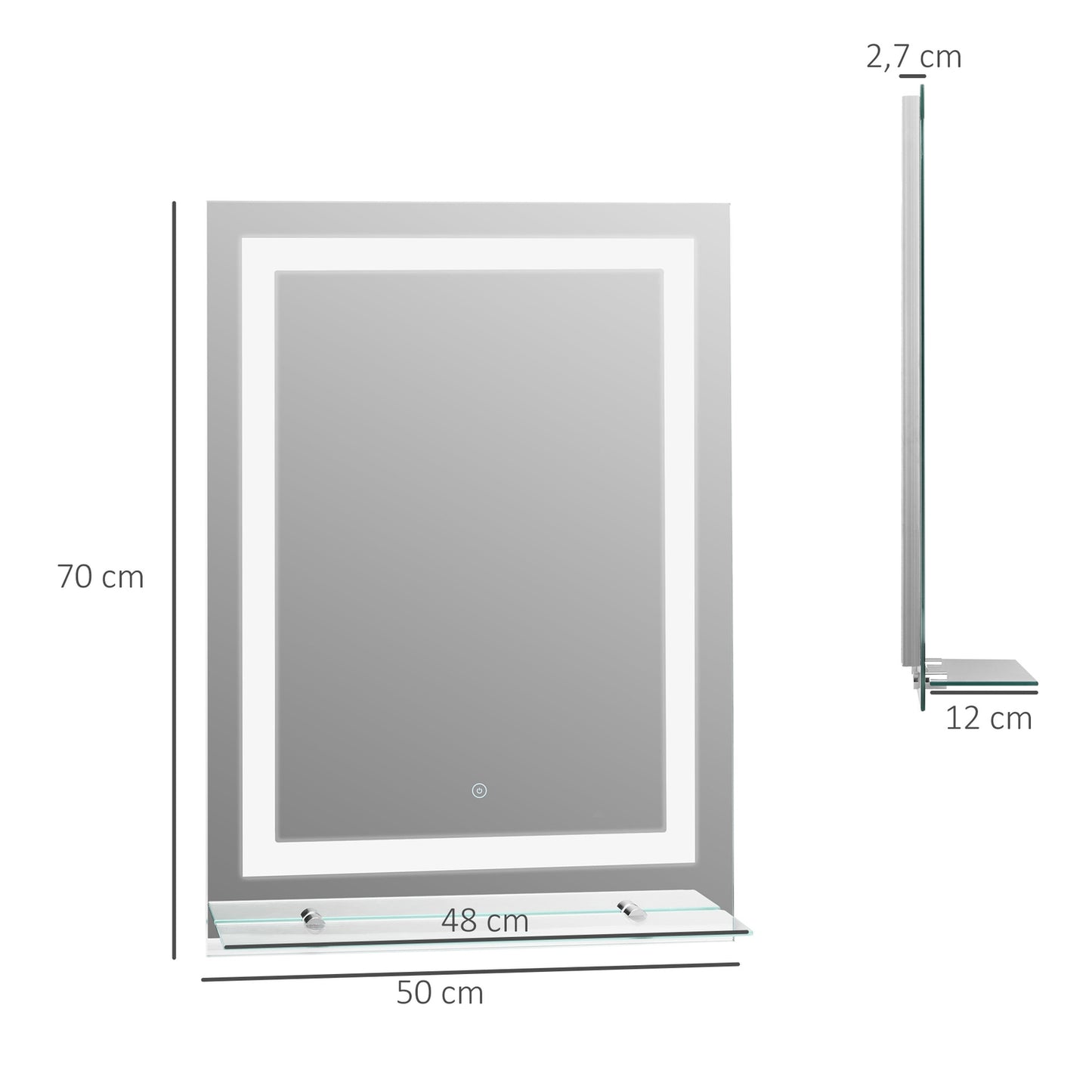 LED Bathroom mirror, 22W, Illuminated with glass shelf, 70x50cm