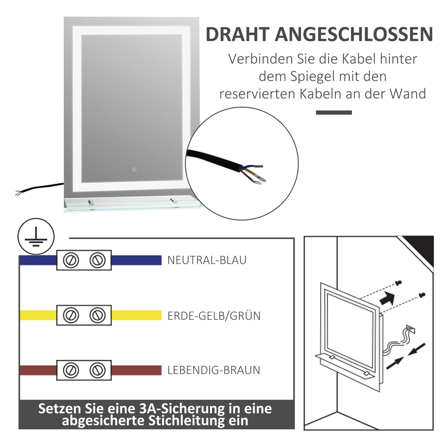 LED Bathroom mirror, 22W, Illuminated with glass shelf, 70x50cm