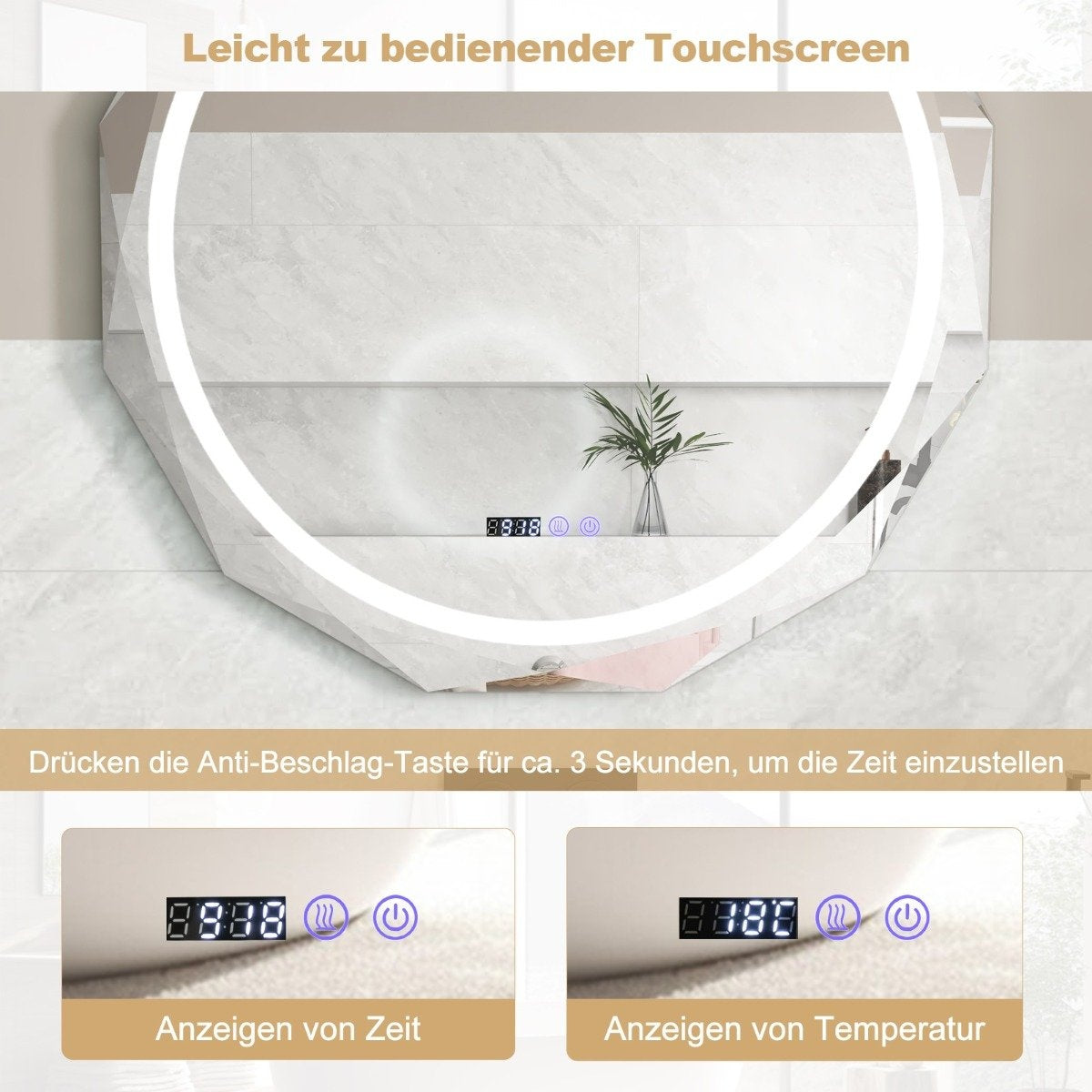 LED bathroom mirror with lighting & clock & touch switch anti-fog bathroom mirror
