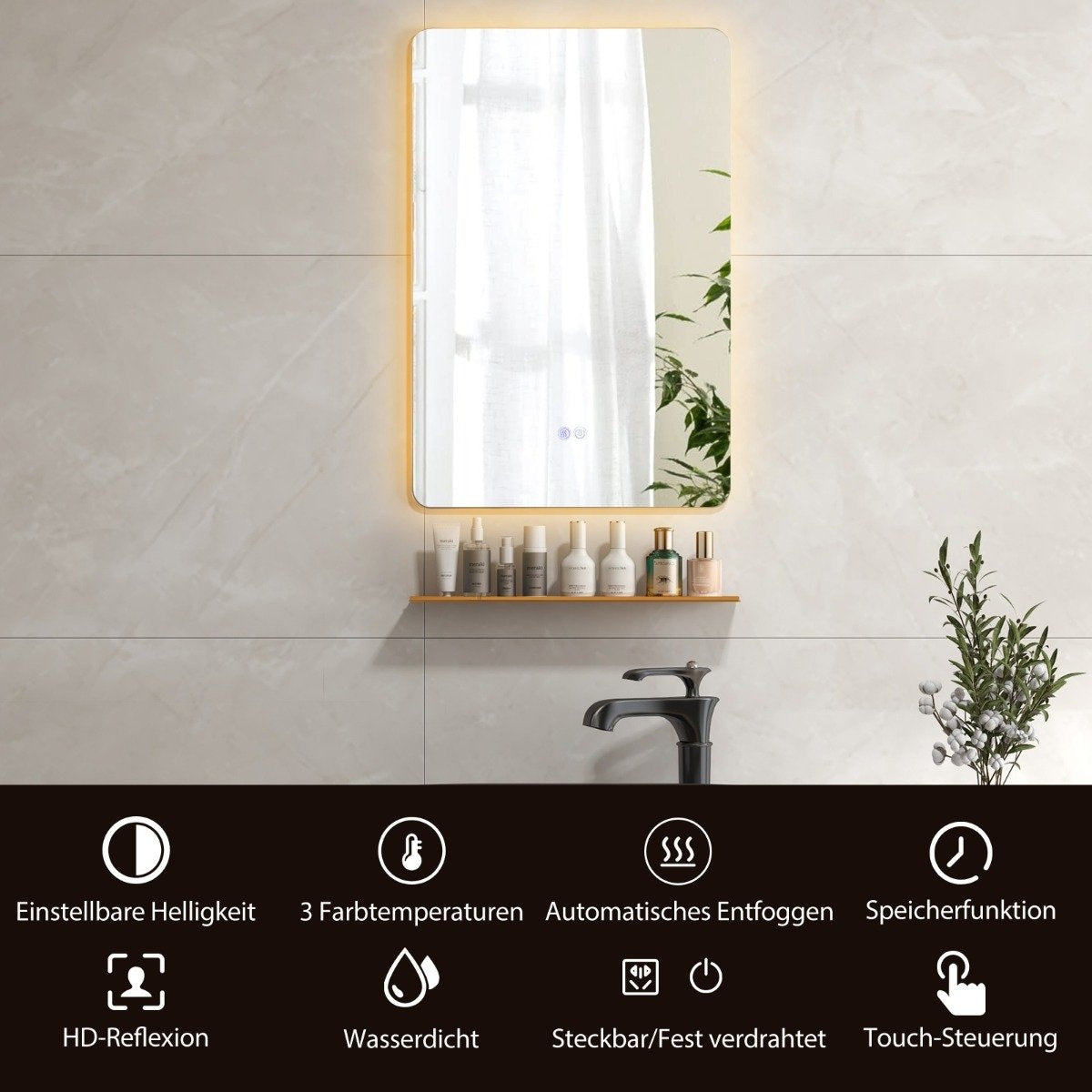 LED bathroom mirror with lighting & touch switch & memory function wall mirror 70 x 50 cm